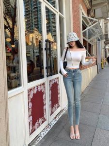 High Waist Stretchy Slimming Leg Lengthening Denim Jeans Korean Cartoon Body Shape God Pants 2024 New Style Nine Points Pencil Jeans