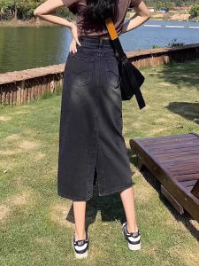 Denim Skirt for Women Plus Size Plus Size Ladies High Waist Belly Covering Slim Looking Mid-Length Bodycon Dress Small Slit A- line Skirt