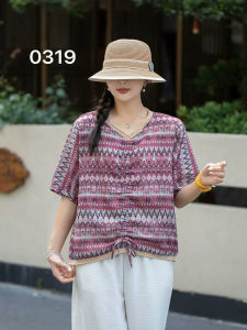 Áo Sơ Mi Vải Lanh Cotton Rộng Rãi Cho Nữ Mùa Hè 2025 in Sọc Thường Ngày Thân Thiện Với Da Thoáng Khí Mỏng Cổ Chữ V Tay Ngắn