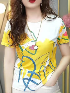 Elegant round Neck Short Sleeve T-Shirt Womens Summer New Style Printed Mesh Slimming Korean Version Straight Cut Top