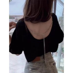 Simple Backless Chain Design Korean Style Womens T-Shirt Short Sleeve Summer Loose Top Outdoor Wear Casual Style round Neck