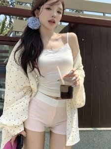 เสื้อเชิ้ตแขนยาวลายจุดสไตล์เกาหลีสำหรับผู้หญิงไซส์ใหญ่ ทรงเข้ารูป ทรงสลิม เสื้อคลุมกันแดดบาง เสื้อตัวบน