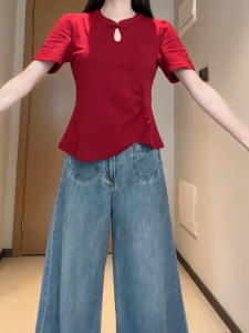 plus Size Womens T-Shirt Stand Collar Waist Cinching Asymmetrical Short Sleeve Korean Style Summer Top Fashionable Casual Wear