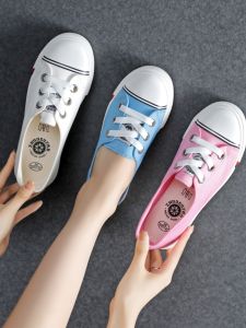 Spring and Summer New Arrival Flats Canvas Shoes Womens Thin Bottom Shoelace One Pedal Lazy Shoes Breathable Casual Shoes Board Shoes