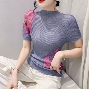 Thanh Lịch Họa Tiết In Áo Thun Ngắn Tay Nữ Thời Trang Mùa Hè Chống Lão Hóa Lưới Cổ Cao Nửa Cổ Ôm Vừa Vặn Ren Áo