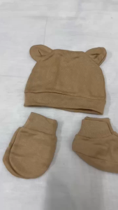 Newborn Hat Mitten Booties Set Cotton With Bear Ears Plain Color Bayi Topi Sarung Tangan dan kaki