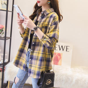 Womens Plaid Long Sleeve Shirt Spring Autumn Loose Vintage Medium Length Pure Cotton Button up Top Coat Casual Shirt
