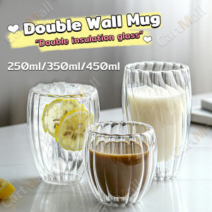 250ml 350ml 450ml Double Wall Transparent Glass Coffee Mug Heat Resitant Tea Mug Stripe Shape