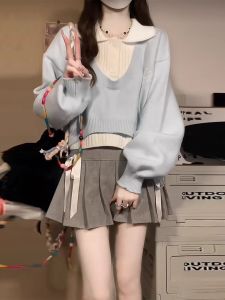 Bộ Ba Mảnh Áo Len Ngắn Cho Nữ Bộ Váy Ngắn Hai Mảnh Phong Cách Hàn Quốc Bộ Đồ Thường Ngày Thời Trang Thu Đông 2024