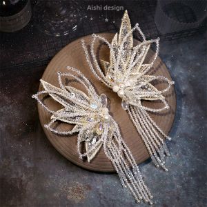 High-End Champagne Lace Butterfly Hair Clip Childrens Princess Crystal Tassel Double Prong Hanfu Accessories Hair Jewelry