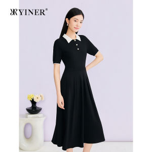 YINER | Summer New Contrast Collar Slimming Waist Acid Blended Dress