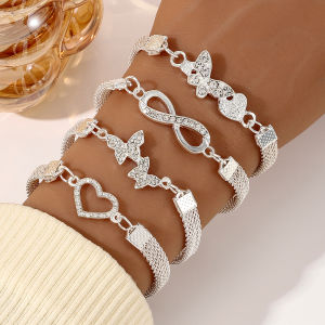 4pcs Vintage Rhinestone Infinite Symbol Butterfly Bracelet Punk Hollow Mesh Chain Bracelet Womens Elegant Charm Party Jewelry