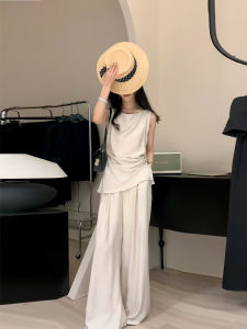 Summer Cotton Linen Set Vest Top High Waist Draped Pants Casual Wide Leg Long Pants Two Piece Set Elegant Fashionable Womens Ensemble