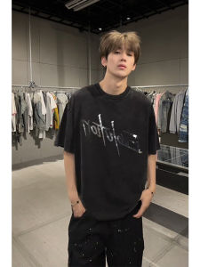 Xie Tingfeng Mens Short Sleeve T-Shirt Laser Reflective Letters American High Street Regular Fit Summer Fashion Casual Tee