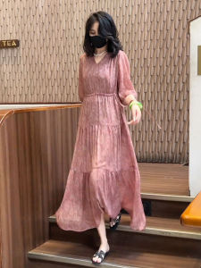 Elegant Silk Dress Womens Loose Belly Covering Slimming Long Summer New Style Chinese Fashion A-Line Midi Dress V-Neck