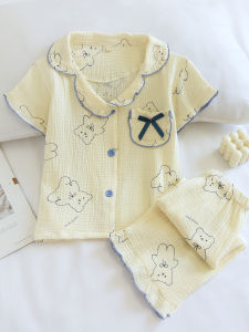 Cute Childrens Summer Sleepwear Short Sleeve Bubble Cotton Gauze 7/8 Pants Floral Pure Cotton Home Clothes for Girls