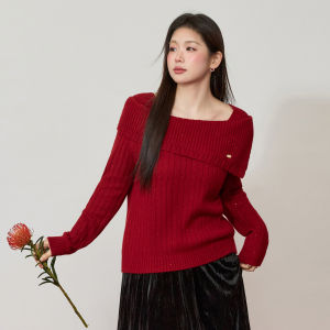 Oversized Red One-Shoulder Fashionable New Year Sweater