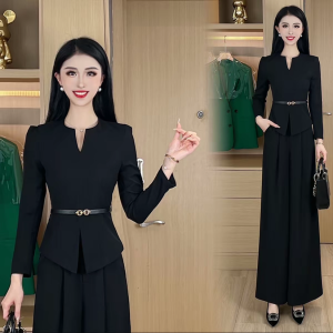 Elegant Slimming French Style Womens Fashion Set V-Neck Top Wide Leg Pants Two-Piece Suit Autumn Collection Comfortable Polyester