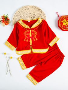 ชุดเด็กผู้ชายแขนยาวสีแดง ชุดฉลองอายุครบ 1 ปี ชุดชาติพันธุ์ ชุดราตรี เสื้อผ้าเด็กผ้าไหมผสมฝ้าย ฤดูใบไม้ผลิ ฤดูใบไม้ร่วง ฤดูร้อน