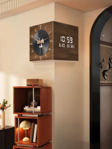 Retro Record Corner Clock Double-Sided Vintage Style Wall Mounted Square Acrylic Face Battery Powered Calendar Electronic Clock
