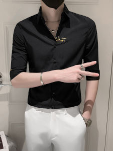 Summer Cropped Sleeves Shirt Mens Clothing Silm K-style Fancy Trendy Ins Short Sleeve Shirt Handsome Ice Silk Top