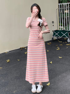 Homecore | Flattering Waist Slim Pink Striped Womens Dress Long