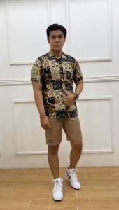 SET Kemeja Pantai Pria Wanita Baju Hawai Rayon Full Printing Motif Abstrak dan celana pendek