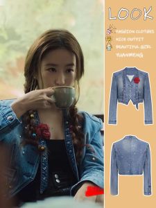 Retro Korean Style Rivet Short Jeans Jacket Womens Spring Autumn Rose Story Liu Yifei Huang Yimei Commute Slim Fit Long Sleeve Polo Collar Single Button
