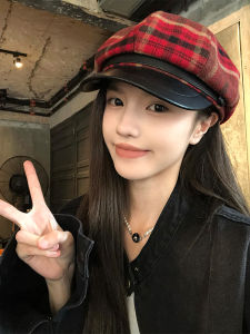 Red Plaid Wool Beret Hat Womens Autumn Winter British Retro Newsboy Cap 2024 New Style Casual Octagonal Hat for Youth