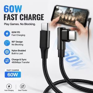 90° USB C to USB C Cable for Gaming60W PD Fast Charge Right Angle Nylon Braided Cord for iPhone 15/16/17 Samsung Xiaomi