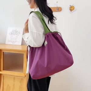 กระเป๋าผ้า แบบเชือกรูด Shopping bag วัสดุผ้าออกซ์ฟอร์ด กระเป๋าช้อปปิ้ง สีทูโทน กันละอองน้ำ พับเก็บได้ พกพาสะดวก