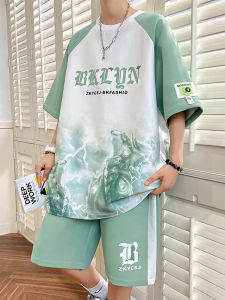 Ice Silk Short Sleeve Mens T-Shirt Set Casual Sportswear Summer Trendy Brand Youthful Breathable Polyester Fiber Fun Print