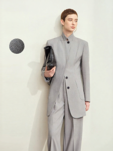 AMII | Elegant Commuter Linen Blend Mandarin Collar Fitted Slimming Blazer for Women