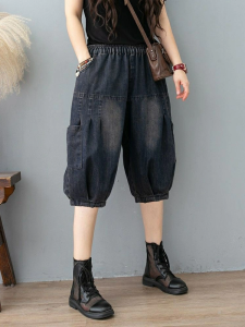 ฤดูร้อน ลุคสวมใส่สไตล์ใหม่ เดนิม Harlan กางเกง หลวม พลัสไซส์ เอวยืดหยุ่น พรางหุ่น ชุดทํางานห้าส่วนผู้หญิง อินเทรนด์ ปาร์ตี้