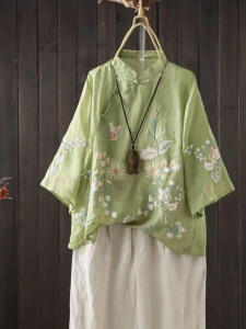 เสื้อเชิ้ตคอตั้งผ้าฝ้ายลินินสไตล์จีนใหม่ ปักลาย ทรงหลวม แขนยาว 7 นิ้ว ทรงปกติ ฤดูใบไม้ผลิและฤดูร้อน สำหรับผู้หญิง