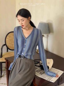 Trendy Gradient Color Block V-Neck Slimming Knitted Open Cardigan: Women's Early Autumn Elegance Inner Wear Base Top