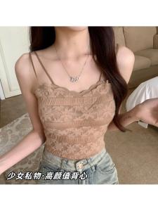 เสื้อกล้ามลูกไม้บางฤดูร้อน สายเดี่ยว ด้านหลังสวยงาม พร้อมแผ่นเสริมหน้าอก ผ้าไหมน้ำแข็ง ใส่ด้านใน ด้านนอก ชั้นใน เสื้อคลุมเกาะอก