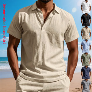 Mens British Style Loose Fit Polo Shirt Summer 2025 Trendy Breathable Linen Casual Short Sleeve Polo Collar