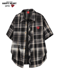 CHARLES JANGS HAPPY HEART | Charles Heart Check Pattern Turn-down Collar Loose Casual Short Sleeve Shirt Summer Breathable