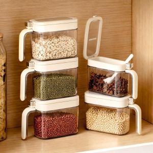 Kitchen Sealed Spice Jar / Pop Top Design Condiment Box / Moisture & Leak Proof Plastic Container with Spoon for Sugar & Seasonings