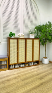 Bamboo Shoe Cabinet With Rattan Door Breathable Multi-layered Large Capacity Can Hold 45 Pairs Of Shoes