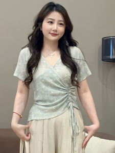 Slimming V-Neck Short Sleeve T-Shirt Womens plus Size Drawstring Design Beautiful Summer Top Korean Style Printed Knitted Thin