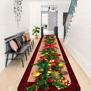 VIKAMA Giáng Sinh Vui Vẻ Thảm Chạy Chống Mài Mòn Chống Trơn Trượt Thảm Trải Sàn Với Nơ Thông Bóng Kẹo In Hình Cho Nhà Bếp Ban Công Trang Trí Nông Trại
