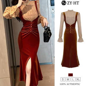 ZYHT EraVogue Womens Dresses Red Dresses Long Sleeve Dresses Lace Dresses Velvet Dresses High-class Dresses Vintage Dresses Event Dresses Party Dresses French Dresses 20986