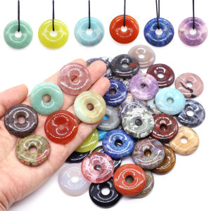 30mm Natural Round Big Hole Hollow Stone Healing Crystal Fluorite Amazonite Donut Shape Charm Pendant For Jewelry Making Necklac