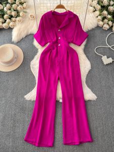 K-style Fashion Tailored Collar Jumpsuit Womens Summer New Arrival High Waist Slim Looking Loose Pants Casual Straight-Leg Jumpsuit