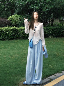 Quần Ống Rộng Họa Tiết Sọc Mỏng Cạp Cao Cho Nữ Mùa Hè 2024 Quần Dài Đến Sàn Phong Cách Hàn Quốc Có Túi