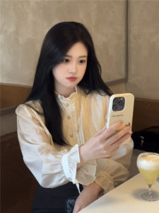 chaqi | Elegant French Style Long Sleeve Ruffle Collar White Shirt For Women Ageless Design Korean Loose Fit Commute Fashion