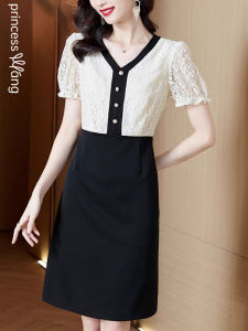 WANGGONGZHU | ชุดเดรสผ้าชีฟองสไตล์เกาหลีสำหรับผู้หญิงในฤดูร้อนปี 2025 ทรงเอคอวีแขนสั้นกระโปรงทรงเอเอวสูงลายดอกไม้สีบล็อกแฟชั่น