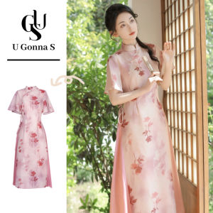 Long Dress Cheongsam 2024 for Women Short Flare Sleeve A-line Elegant Traditional Clothing for Temple Casual Daily Occasions School Uniform Pink Long Gown Stretchable U Gonna S